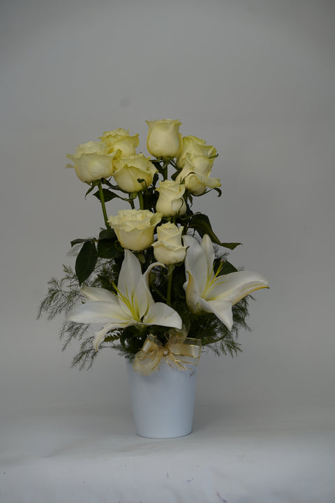 Elegant White Rose & Lily Vase Arrangement