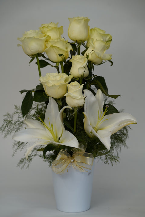 Elegant White Rose & Lily Vase Arrangement