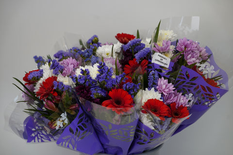 12-Stem Mixed Bouquet (Purple & Red Wrap)