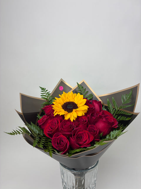 24 Red Roses & Sunflower Arrangement